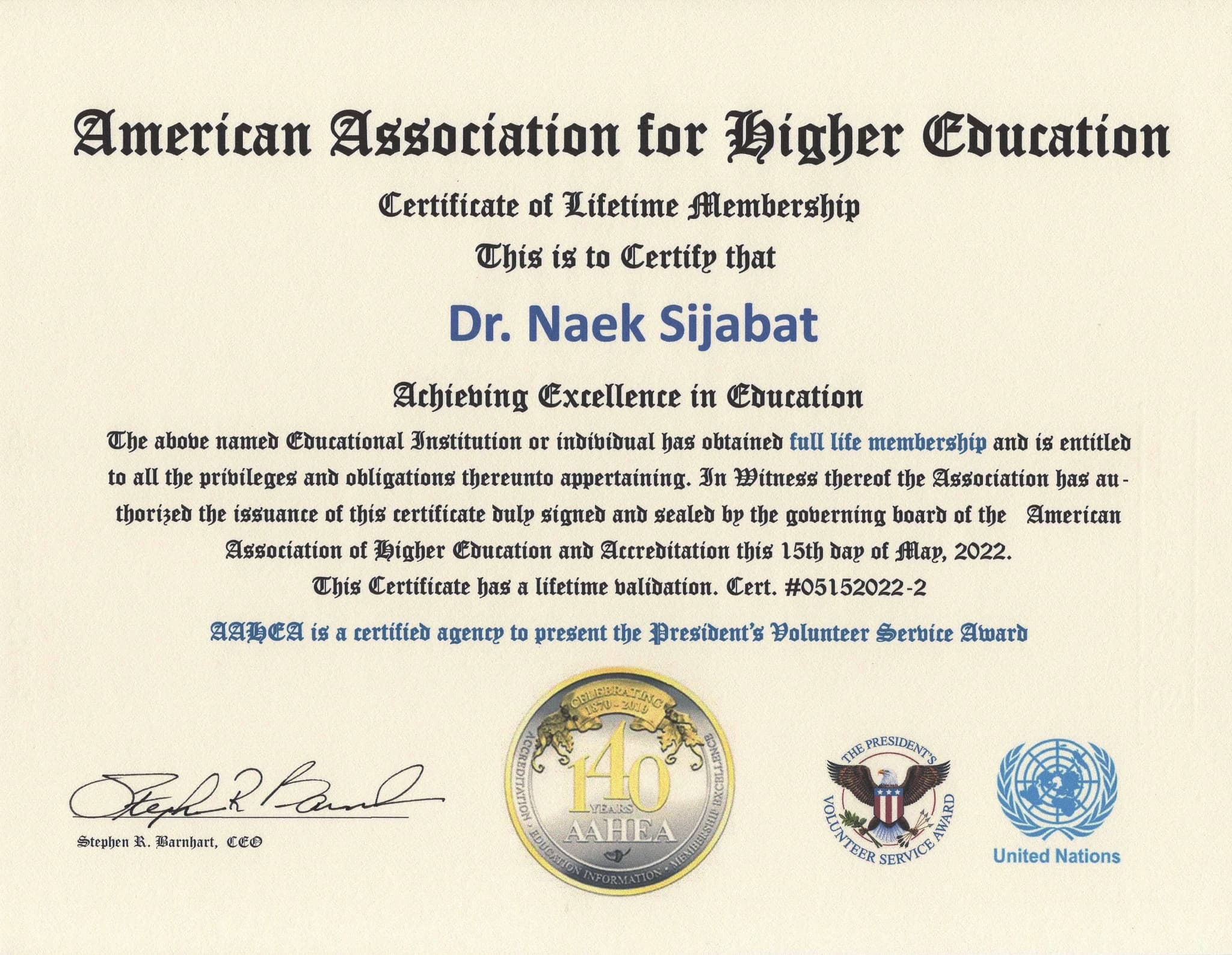 Certificate of Lifetime Membership AAHEA atas nama Dr. Naek Sijabat